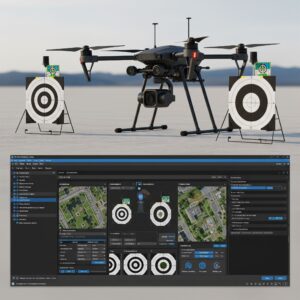 Curso de fotogrametría con drones RTK en Granada: dron con dianas de apoyo y software de procesamiento fotogramétrico